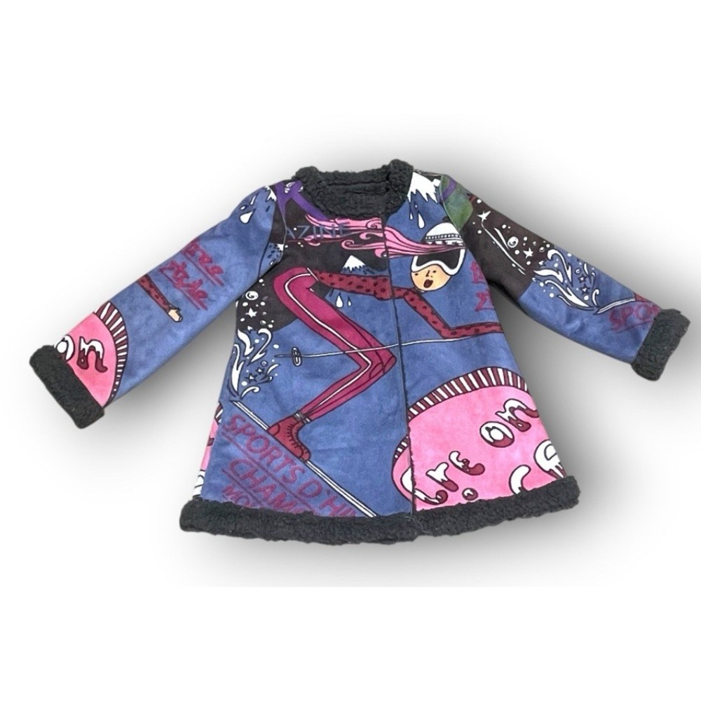 VTG Custo Growing Barcelona Kids Ski Graphic Faux Shearling Coat Jacket Blue S